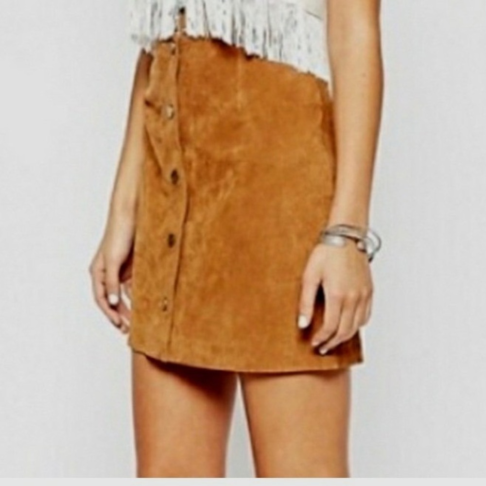 New Look Mini Skirt Real Suede Button Front Boho Festival Western Womens 10 Tan